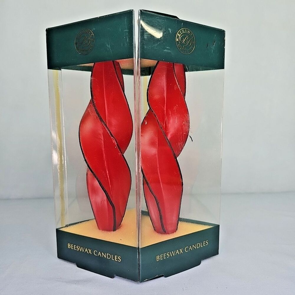 Swirl Red Candle Taper BeesWax Design Spiral Set of 2 VTG USA Cali 8.5'' NIB